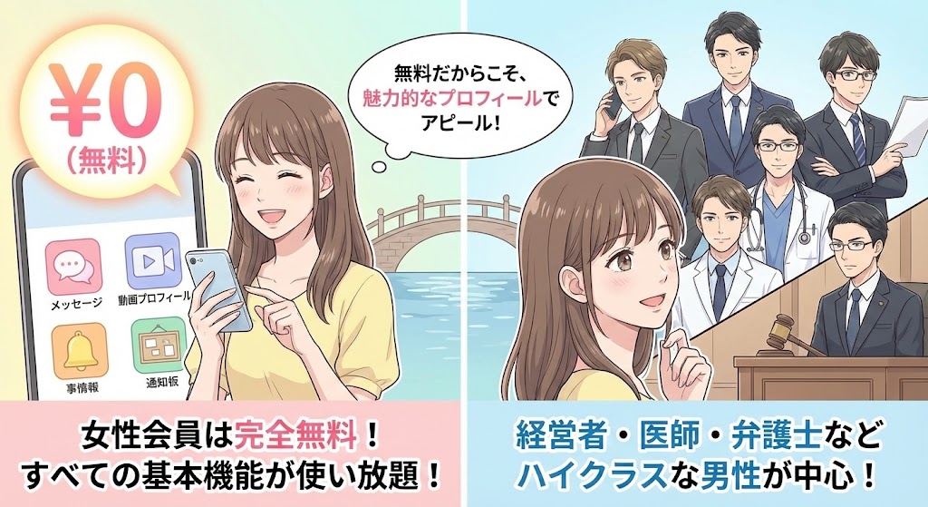 女性会員は完全無料で上質な出会いを楽しめる