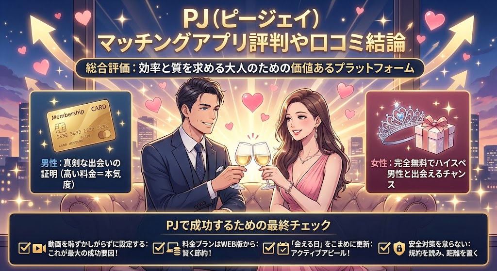 PJ(ピージェイ)マッチングアプリ評判や口コミ結論
