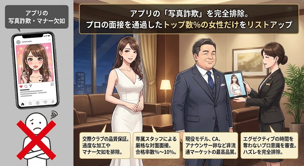アプリの「写真詐欺」を完全排除。プロの面接を通過したトップ数%の女性だけをリストアップ