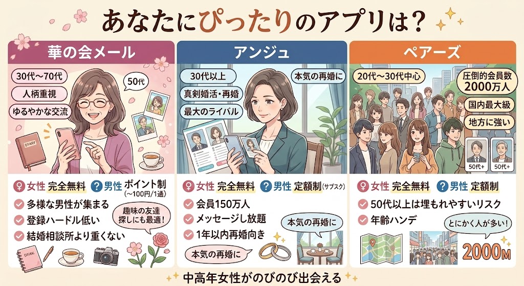 アンジュ・ペアーズ等の中高年向けアプリとの比較